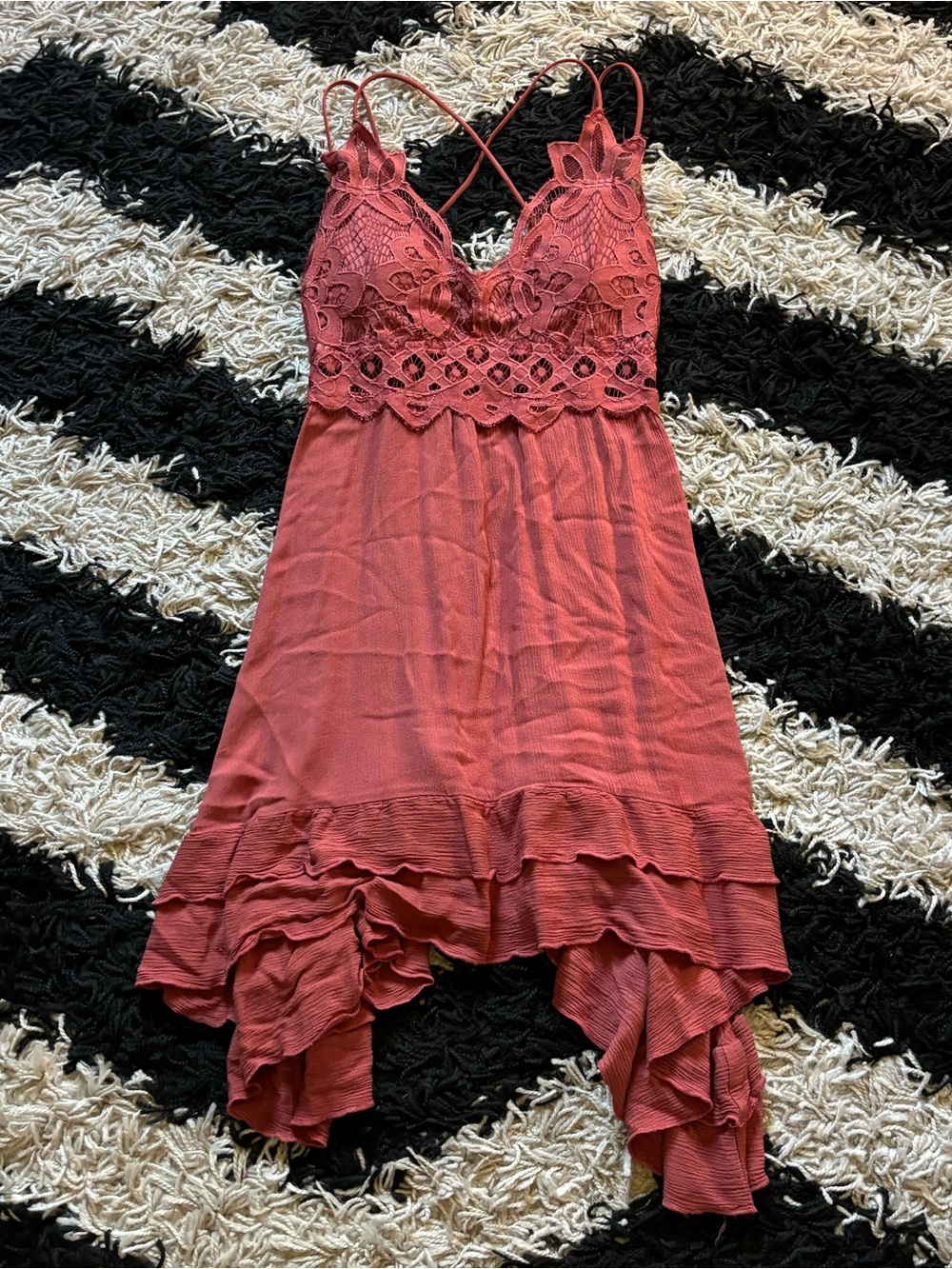 Rue 21 Fairycore Asymmetrical Pale Red Lace Detailed Strappy Ruffled Dress
